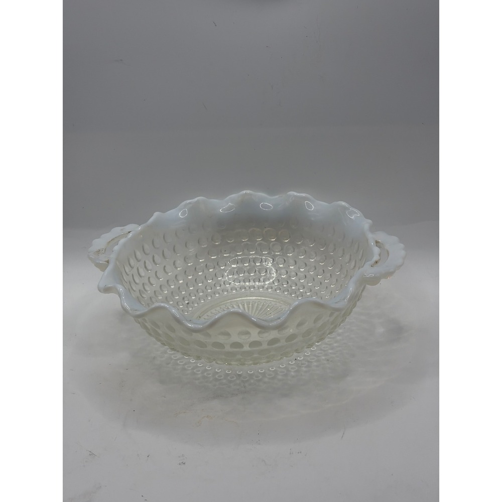 White Opalescent Hobnail Ruffled Double Handled Candy Dish Nappy Bowl‎